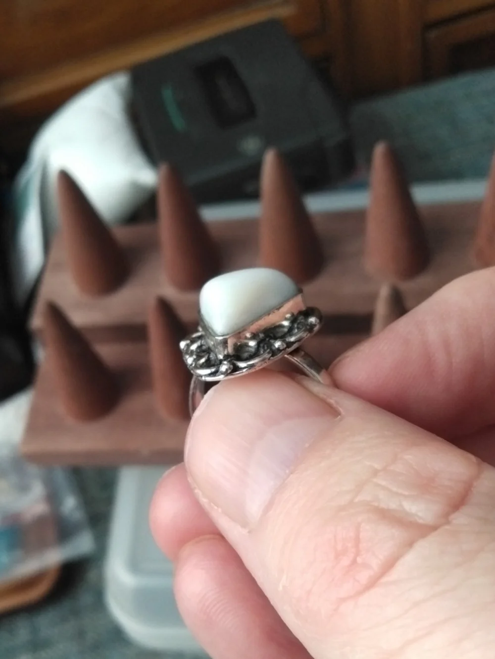 White Agate Triangle Stone Silver Ring